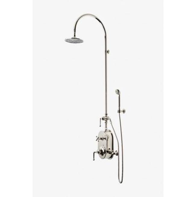 Waterworks DISCONTINUED DashExposed Thermostatic Shower System with 8'' Shower Head, Handshower, Metal Lever Diverter Handle, Metal Lever and Cross Handle in Nickel, 2.5gpm